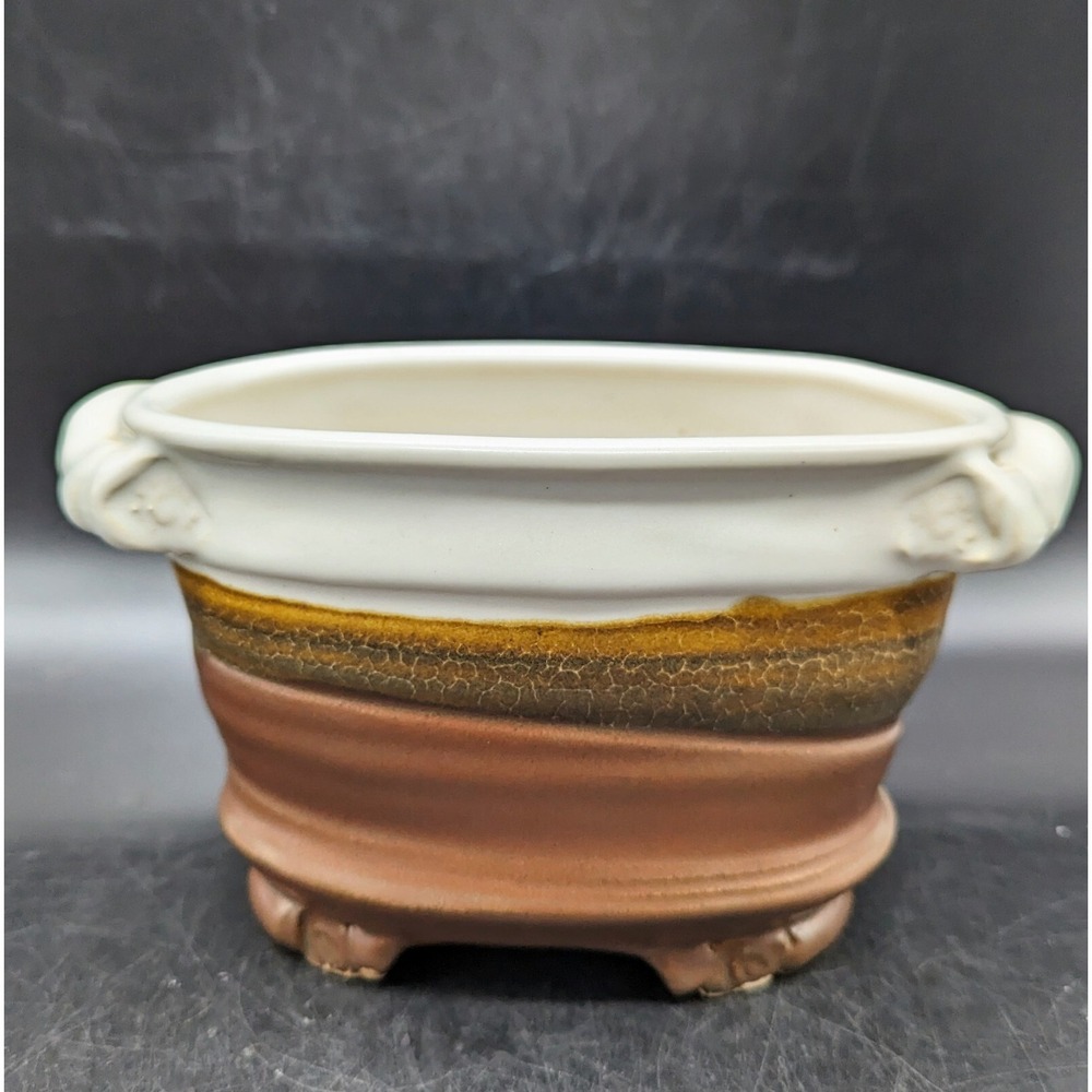 Vintage Studio Art Pottery Flower Frog Planter Brown White Signed 7.5'‎